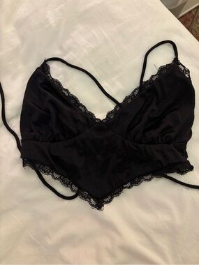 Garage Black Satin Lace-Trim Crop Bralette